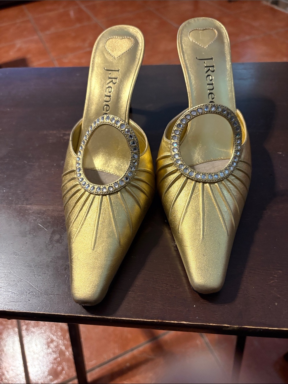 J.Renee Gold Pointed Toe Mule with Rhinestone Oval